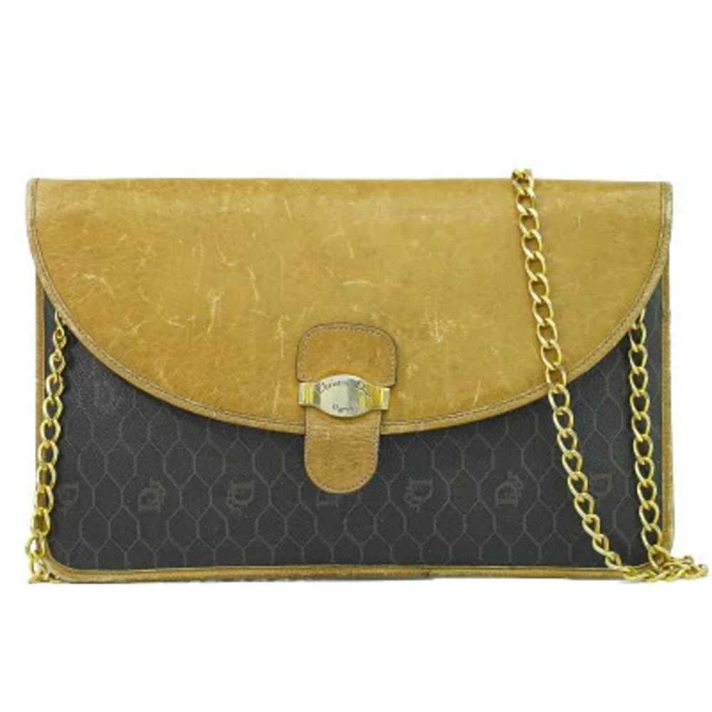 Christian Dior Honeycomb Chain Leather Shoulder Bag Black Brown